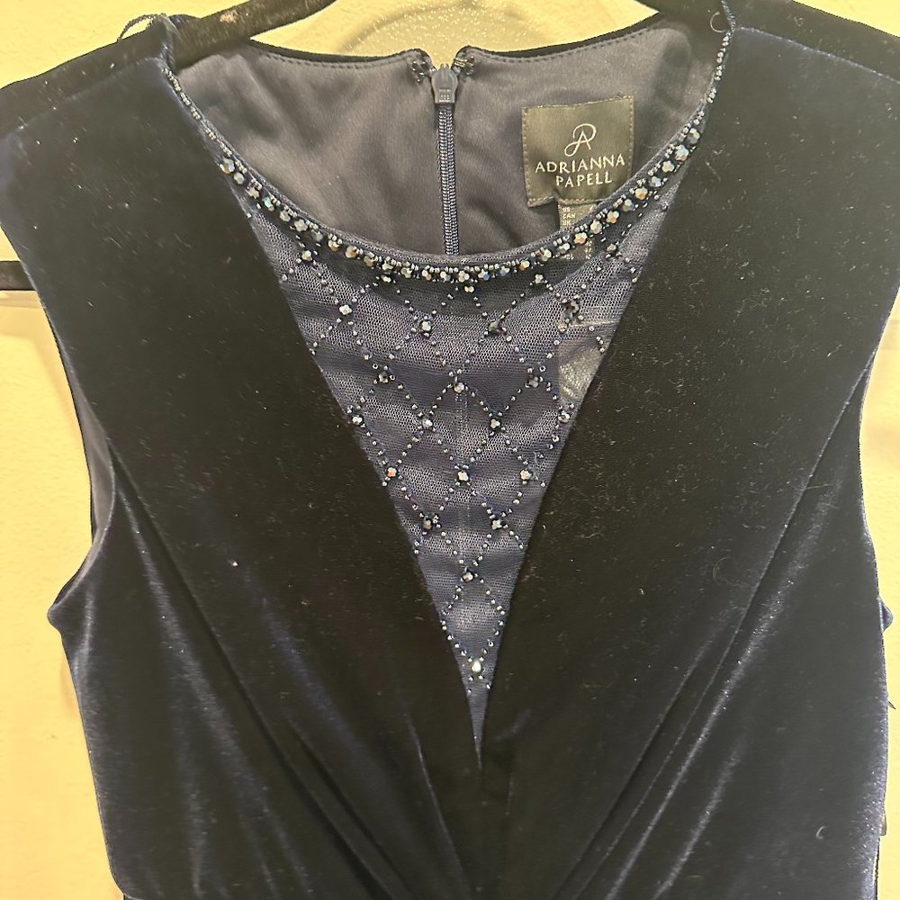 Blue Velvet Beaded Long Formal Dress Adrianna Papell Women's Size 6 Gown